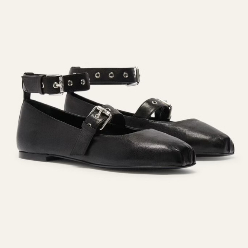 Ba&Sh Canya Ballerina Black Leather Ankle Strap Ballet Flats Loafers Shoes Sz 7